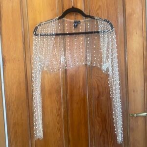 ADORABLE SEE-THROUGH PEARL AND GEM STUDDED LONG SLEEVE SHIRT